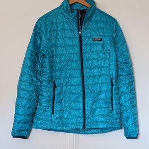 Patagonia Nano Puff Teal Quilted Puffer Jacket with Stand-Up Collar